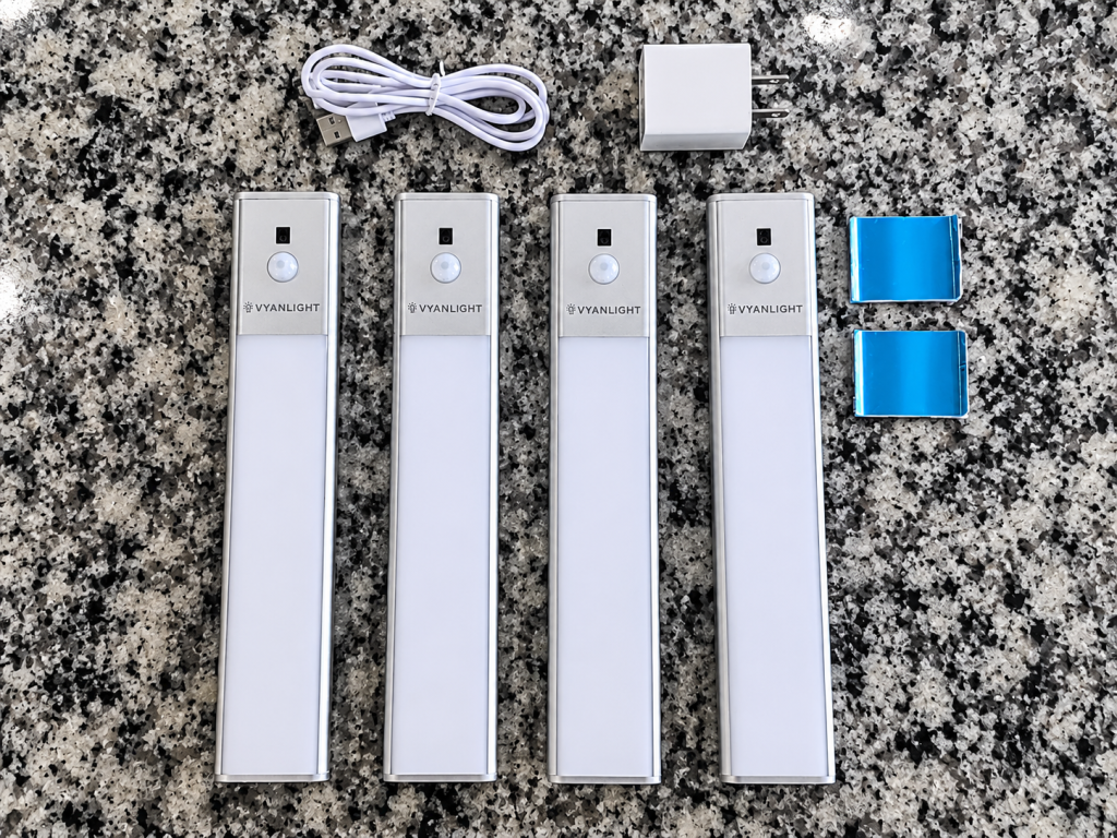VYANLIGHT rechargeable motion sensor under cabinet lights with charging cable and mounting accessories